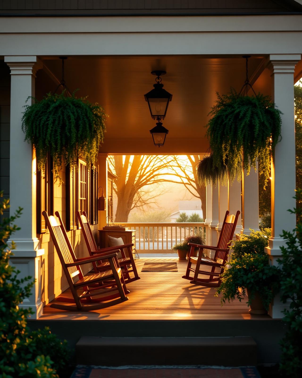 A warm Southern front porch at golden hour